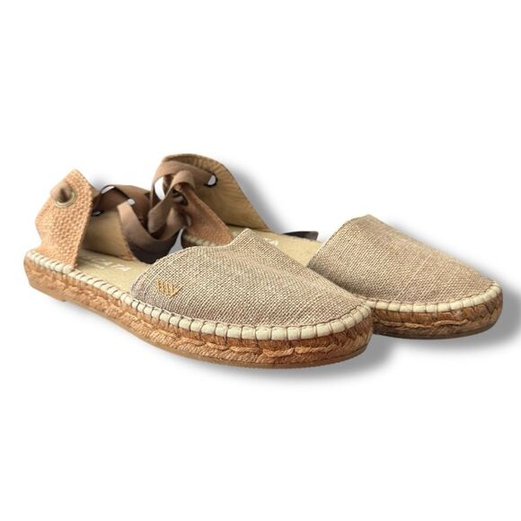 Viscata Candell Beige Linen Espadrille Flats Lace Up Size 41 US 10 - Picture 4 of 11
